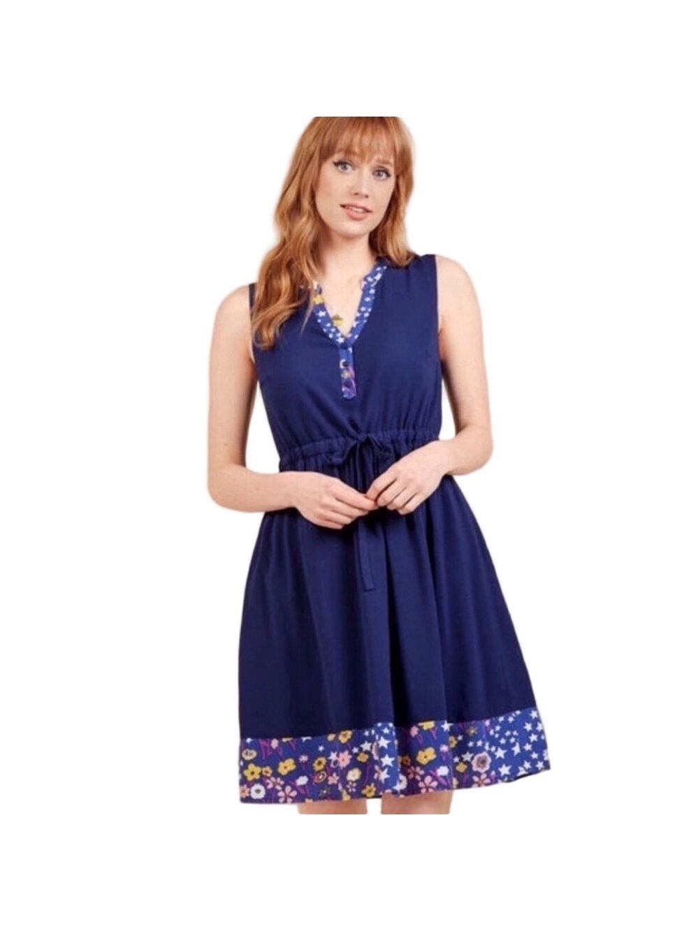 ModCloth navy dress Small floral trim drawstring waist pockets Pockets Summer